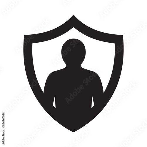 A simple black and white icon depicting a shield with a silhouette of a person inside
