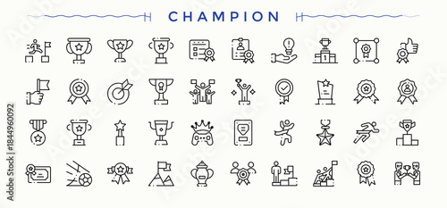 Championship icon pack. Includes thin line symbols win, champion, certificate, winner, rank, trophy, success. Minimalist icons collection. Editable vector illustration. Win icon set.