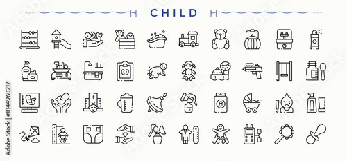 Child Care icon set. Thin icons set. Contains related to kid, newborn, child, feeding. Editable stroke. Vector collection. Kid line icon set.
