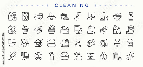 Cleaning icon set. Icons for application. Related to disinfect, sweep, housekeeping, clean, cleaning. Pixel perfect. Vector illustration. House Cleaning line icon set.