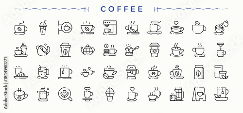 Coffee And Tea icon set. Simple line vector icons. Tea line icon set. Contain linear symbols drink, bean, cafes, leaf, breakfast and more.