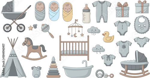 Adorable Collection of Baby Essentials and Toys in Soft Pastel Colors on a Clean White Background