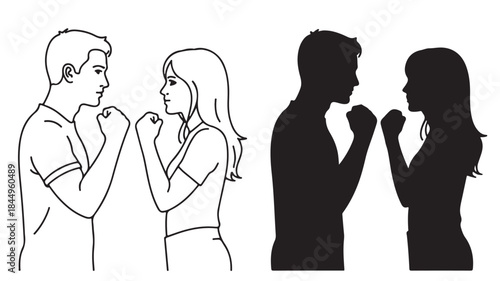 Man and woman in confrontation with clenched fists in a stark black and white vector illustration for relationship conflict.