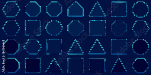 Arrangement of geometric shapes triangles squares hexagons and octagons in blue