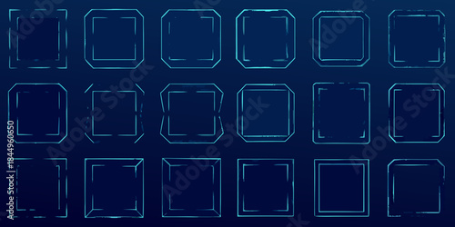 Abstract arrangement of glowing neon blue rectangular frames on a dark background