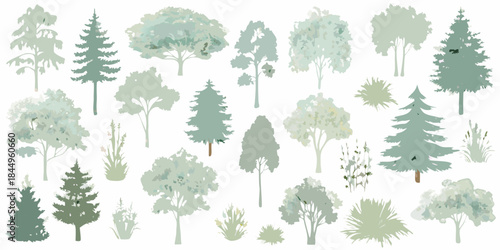 A collection of various stylized trees and foliage in muted green tones