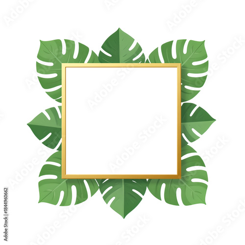 Tropical leaves with gold square frame design isolated