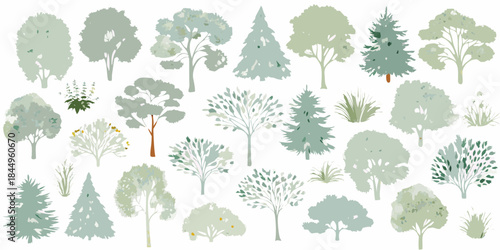 A collection of stylized trees and foliage in muted green tones