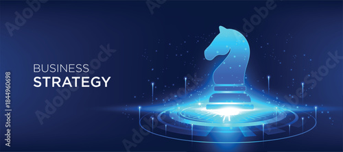 Business strategy concept with glowing chess knight symbol for strategic planning and leadership. Futuristic digital vector illustration. banner, presentation, cover