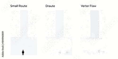 Minimalist landscape with three tall white structures and a tiny person