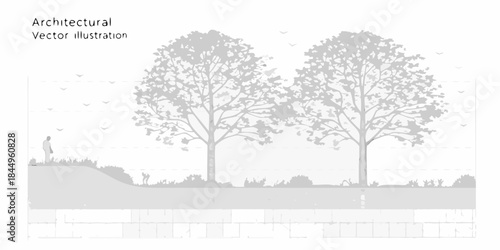 Architectural landscape illustration featuring trees a figure and ground details