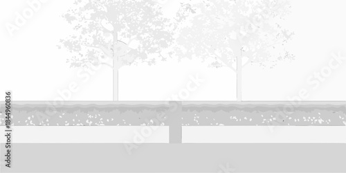A grayscale landscape featuring trees and a textured ground plane