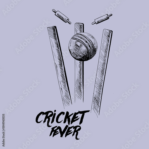 Hand drawn sketch illustration capturing the dramatic moment a cricket ball strikes the wickets sending the bails flying against a pale background perfect for sports promotion