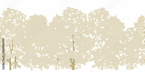 A serene illustration depicting a row of stylized trees in a muted tone