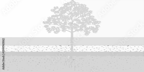 A simple grayscale illustration of a tree land and roots