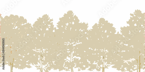 A silhouetted forest of evergreen trees against a light faded background