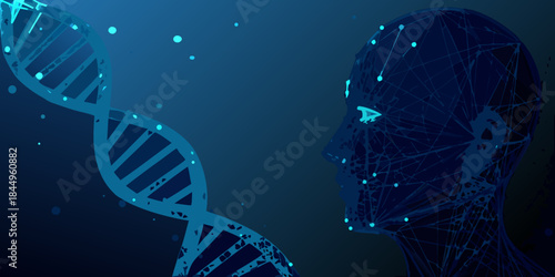 Human head outline and dna helix representing genetic engineering and artificial intelligence
