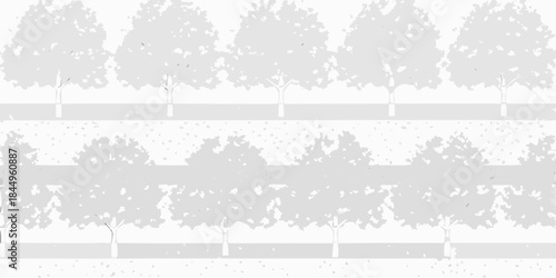 A grayscale illustration depicting rows of trees and a pathway