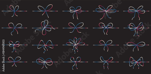 Abstract arrangements of colorful intertwined lines forming knot like shapes on black