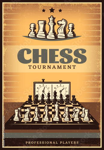 Vintage style chess tournament poster design featuring a detailed game board with pieces and a classic analog clock promoting professional players competition