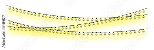 Three strands of vibrant yellow glowing string lights for festive holiday and party decoration, perfect for celebrations, creating a joyful atmosphere isolated on transparent background