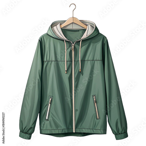 Stay stylish and protected from the elements with this trendy green hooded jacket, perfect for outdoor adventures and casual city wear, hanging ready to wear.