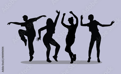 Dynamic silhouettes of four diverse people engaged in energetic modern dance moves against a soft lavender background capturing the spirit of movement and celebration