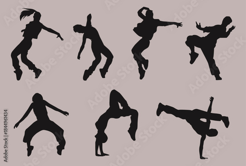 Collection of dynamic black hip hop dance silhouettes showcasing various energetic street style moves and poses