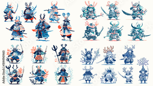 Dynamic fantasy warrior creature illustration set with icy and action poses ideal for game art character concepts animation studies and epic storytelling visuals.
