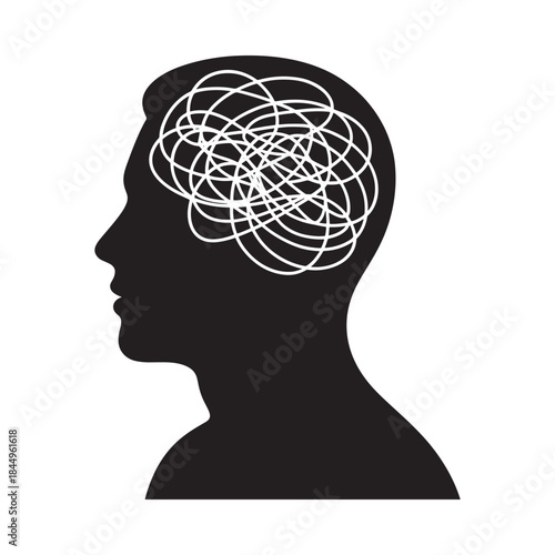 A silhouette of a human head with abstract lines representing thoughts within