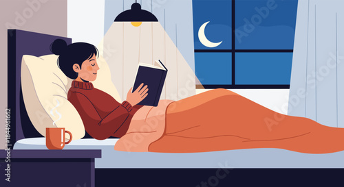 Cozy night in bed with a person reading a book under a warm blanket while moonlight fills the window and a lamp casts a soft glow on the scene.