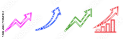 Multiple variants of colorful neon upward arrow icons and a bar chart demonstrating progress, growth, and positive business trends, isolated on transparent background.