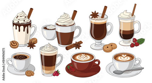 Assorted beverages display a collection of hot drinks including chocolate and coffee with whipped cream and spices beside cookies and berries for a cafe moment.