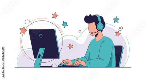 Person wearing headphones works at a desktop computer in a bright abstract studio while providing online support or gaming.