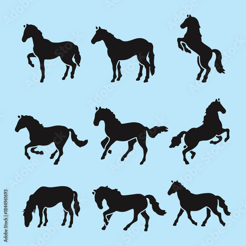 Collection of nine black horse silhouettes displaying various dynamic poses against a pale blue background