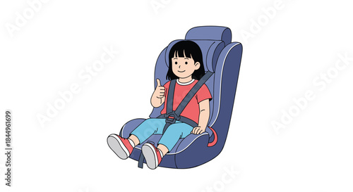 Young girl sits securely in a blue child car seat wearing a red shirt and jeans while buckling the seat belt and giving a thumbs up to the camera.