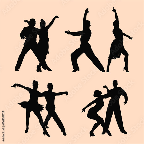 Collection of dynamic black silhouettes depicting various passionate ballroom and latin dance couples in motion