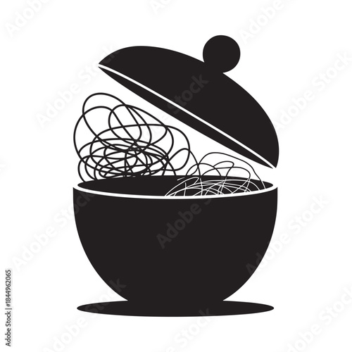 A black and white illustration of a bowl containing a tangled mess of lines