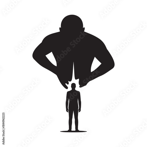 A stark silhouette depicts a giant figure looming over a much smaller human form