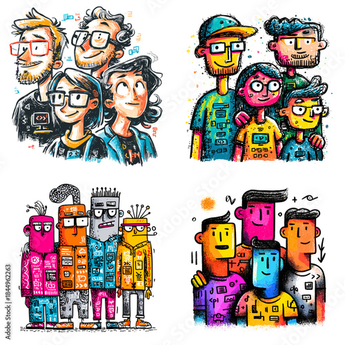 Colorful cartoon people illustration set with expressive faces and bold outfits perfect for social themes education character design storytelling and playful creative visuals.