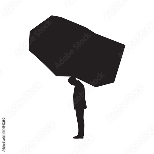 A silhouette of a person burdened by a large dark shape above their head