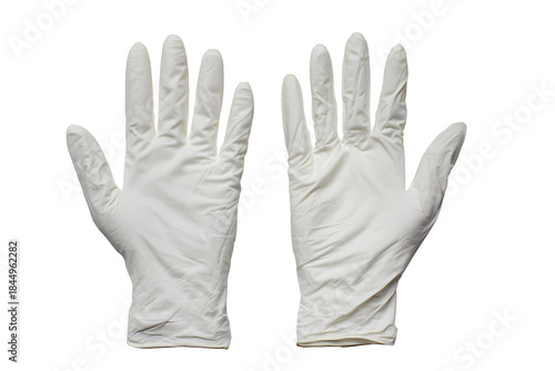 Two white latex gloves displayed with open palms, offering protection and safety for medical, laboratory, or cleaning tasks, isolated on white background