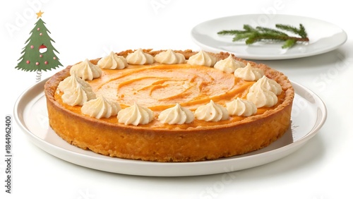 Festive orange tart with cream swirls and rosemary garnish