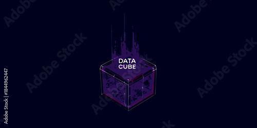 A glowing cube with the word data floating in a dark digital space