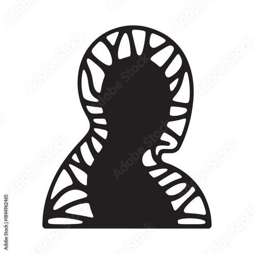 Abstract black and white illustration of a person s head and shoulders with a textured halo