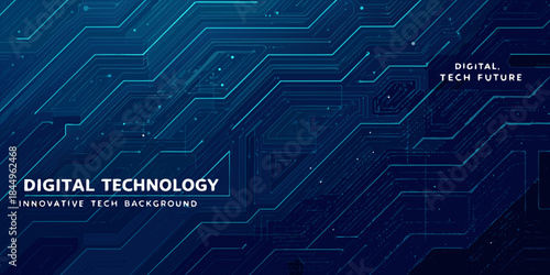 Abstract blue circuit board pattern with digital technology text overlay