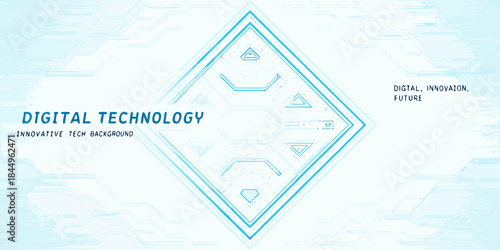 Abstract geometric design with blue lines and digital technology text overlay