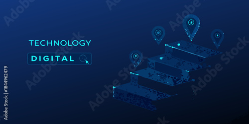 Technological advancement visualized digital steps leading upwards with location markers