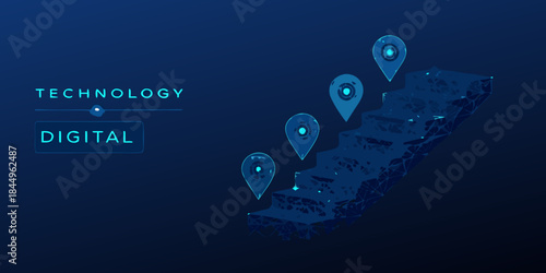 Digital technology advancement represented by a glowing staircase with location pins