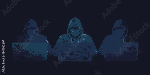 Three hooded figures working on laptops in a dark digital environment